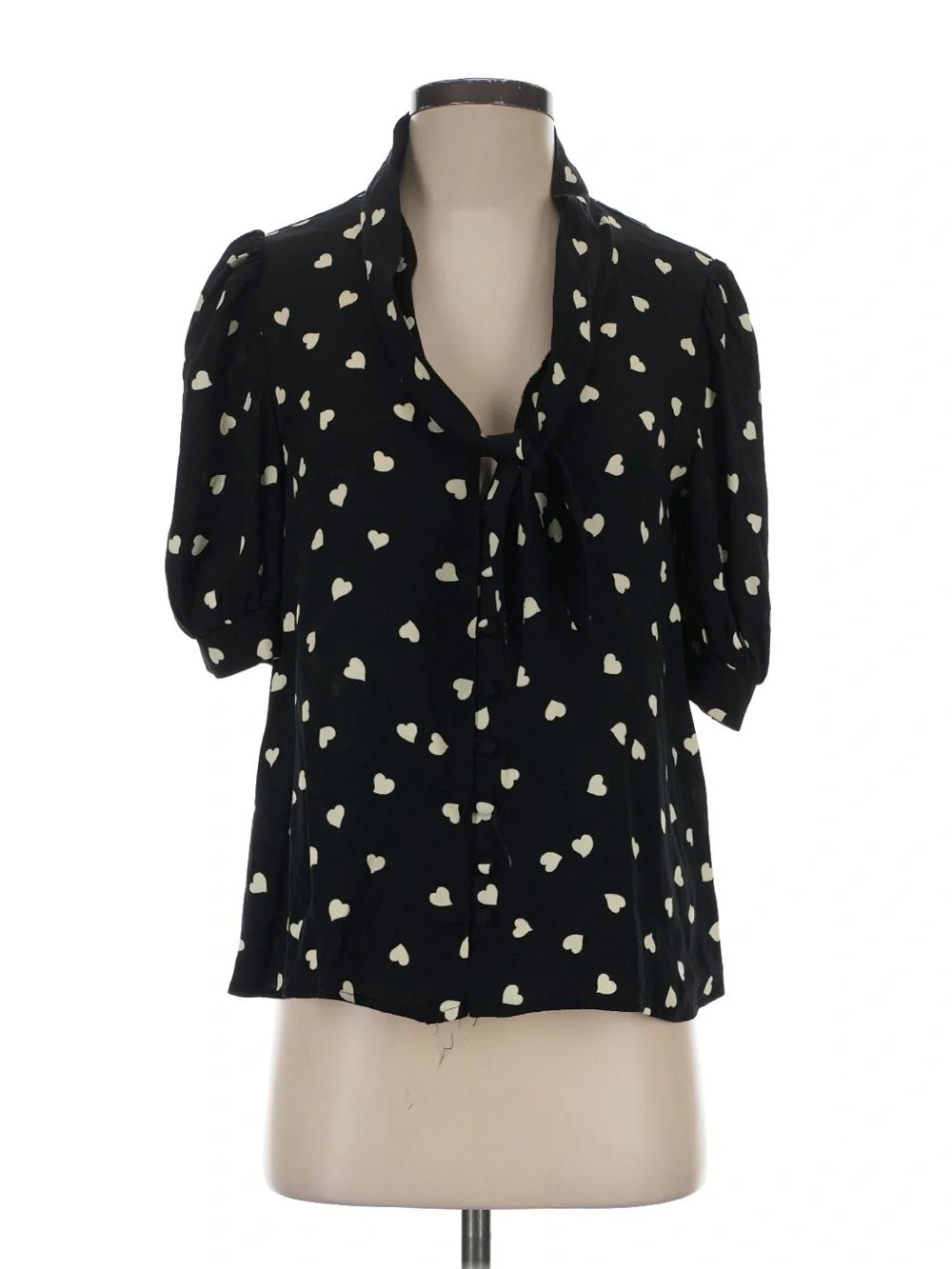 Reformation Black Heart-Print Tie-Neck Blouse